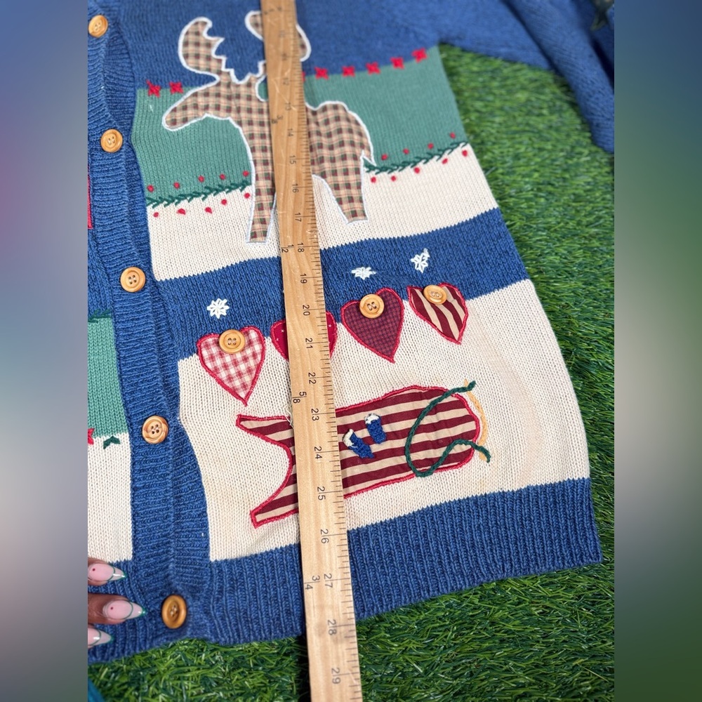 Vintage Susan Bristol Folk Art Patchwork Winter Cardigan Hand Embroidered XL w - Picture 7 of 9